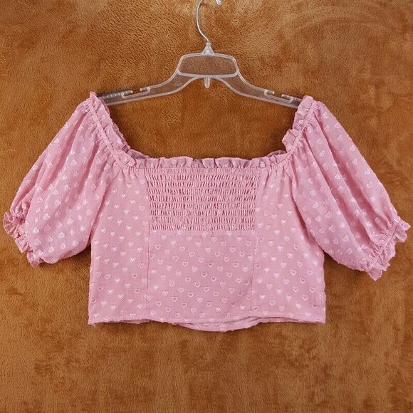 PRIVACY PLEASE Womens Top Medium Pink Off Shoulder Hearts Swiss Dot CELINE - Picture 4 of 7